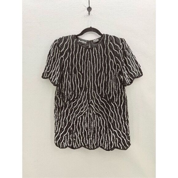 Vintage Jewel Queen Animal Print Black Silver Pure Silk Sequined Beaded Blouse M - Picture 1 of 10